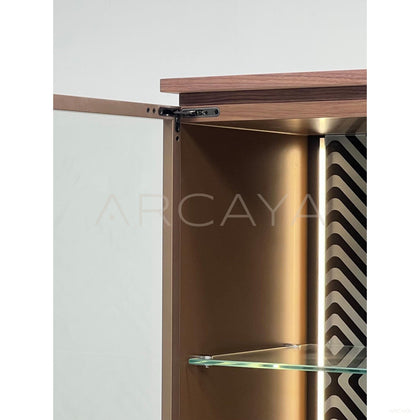 Mid Century Walnut Glass Door Lighted Wine Cabinet - scene