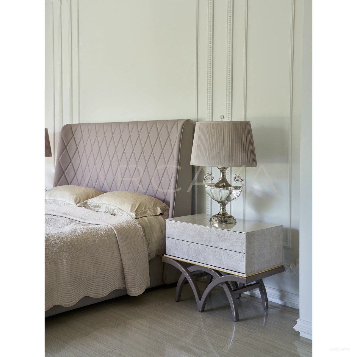Modern Vintage Leather Bed And Nightstand in detail