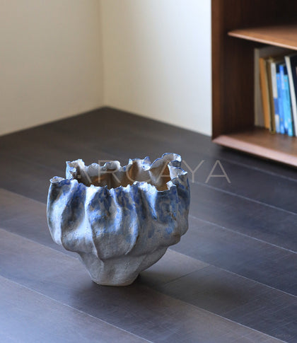 Hand Pinched Pleated Blue Grey Stoneware Vase - scene