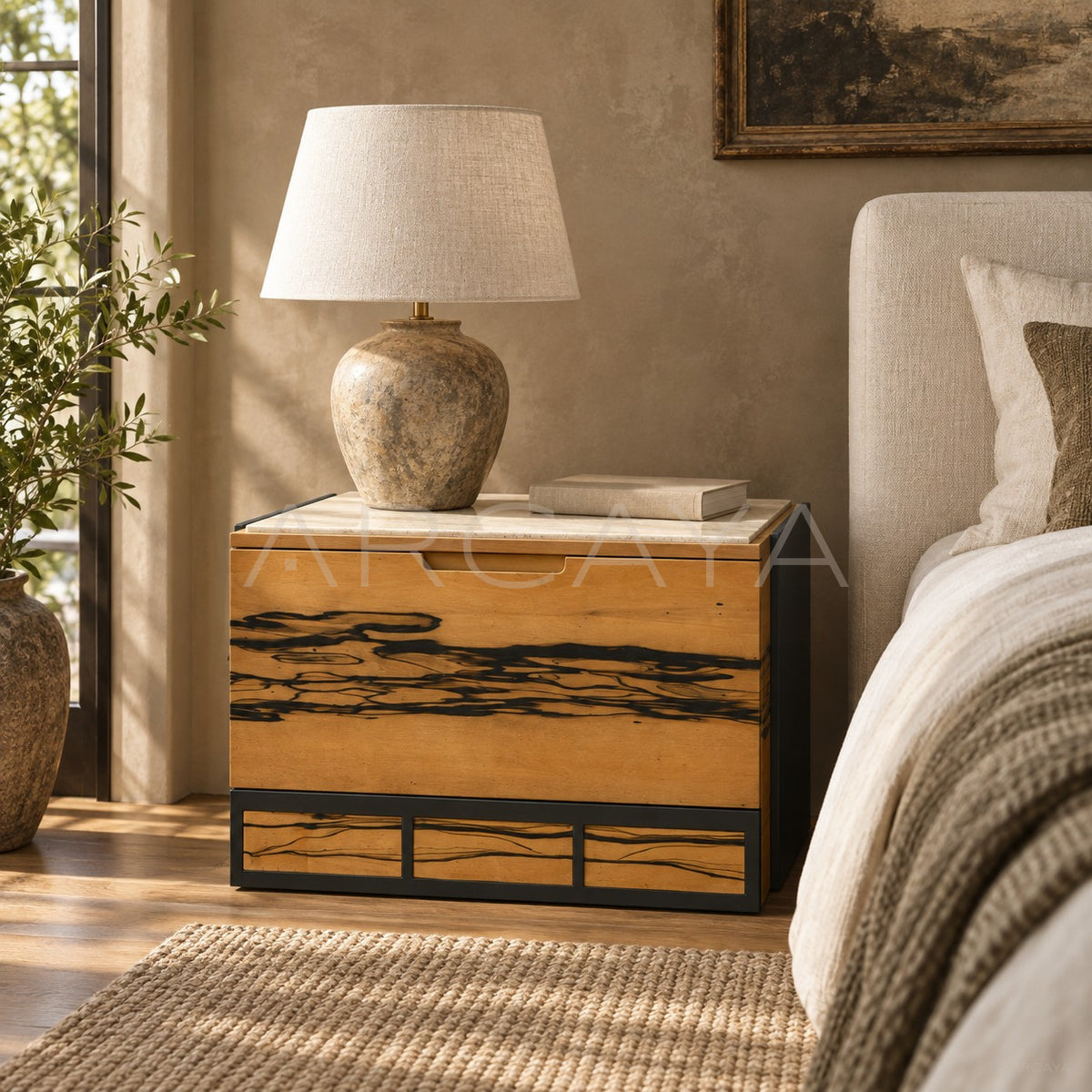 Old Money Black White Ebony Veneer Nightstand in detail