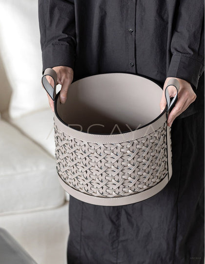 Handwoven Leather Magazine Basket - scene