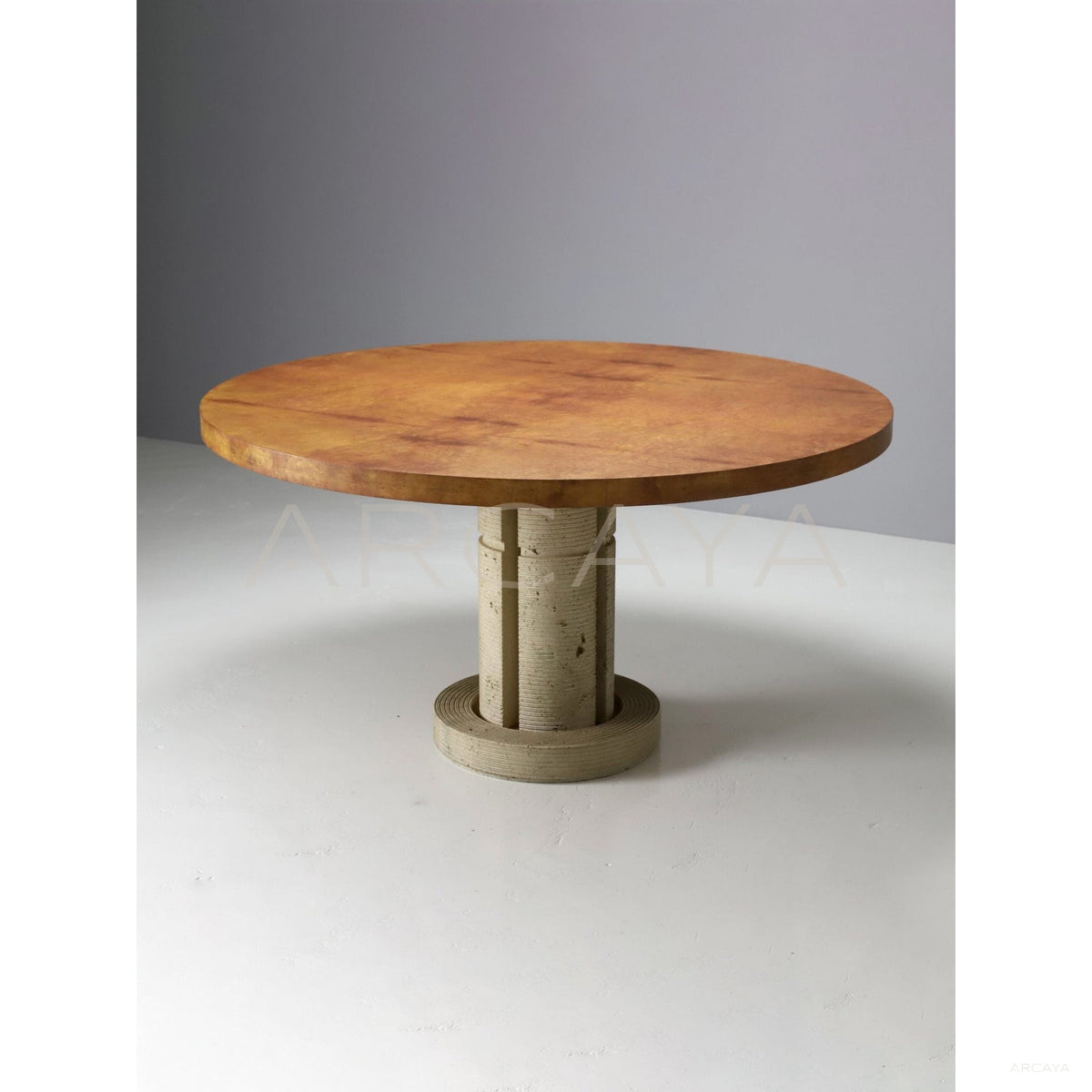 Burl Wood Travertine Base Round Dining Table in detail