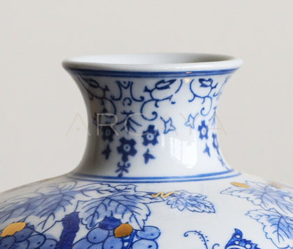 Hand Painted Blue White Gilded Fruit Vase - scene