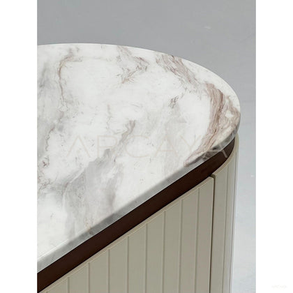 Vertical Stripe Upholstered Marble Oval Chest - scene