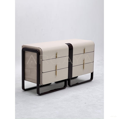 Cream Leather Ebony Curved Frame Six Drawer Chest - scene
