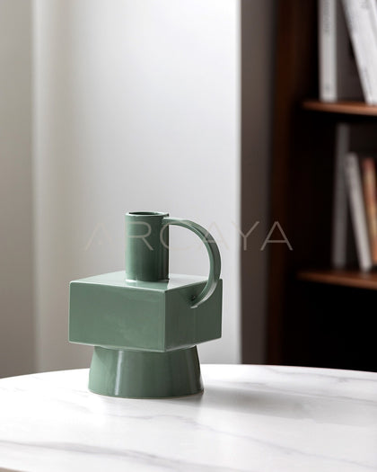 Minimalist Geometric Dark Green Ceramic Vase - scene