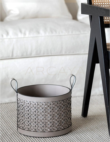 Handwoven Leather Magazine Basket - scene