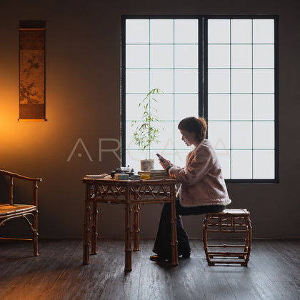 Cabriole Leg Bamboo Round Tea Table - scene