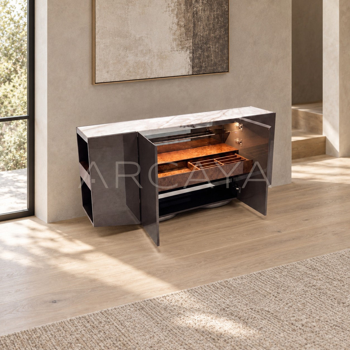 Italian Stone Burl Veneer Sideboard in detail