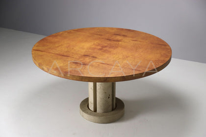 Burl Wood Travertine Base Round Dining Table - scene