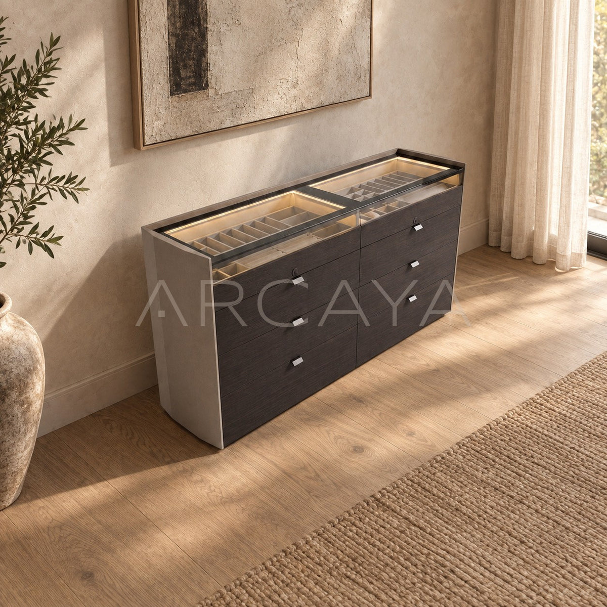 Eight Drawer Lighted Jewelry Cabinet in detail