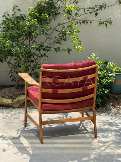 Burmese Teak Suede Red Lounge Chair - scene