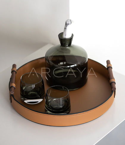 Vintage Brown Double Wood Handle Leather Round Tray - scene