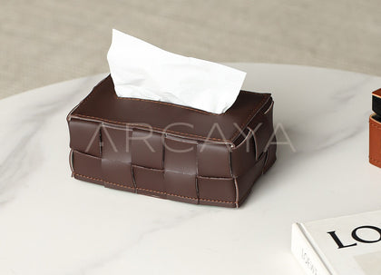 Vintage Brown Handwoven Leather Tissue Box - scene