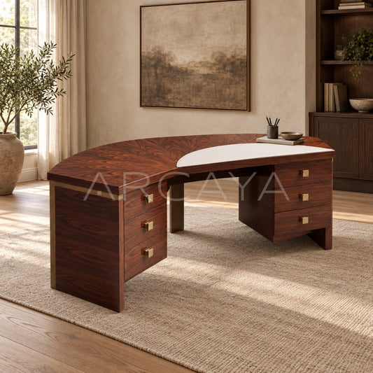 Vintage Curved Marquetry Brass Desk - scene