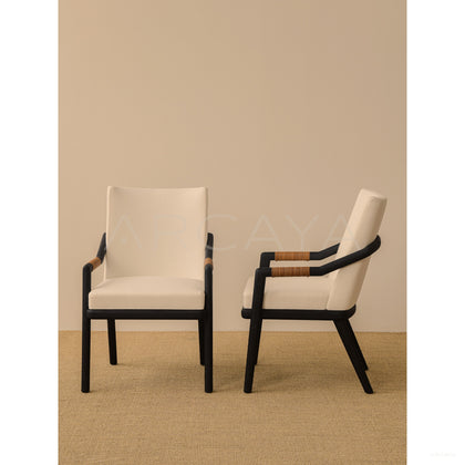 Old Money Oak Dining Chair Woven Leather Arms - scene
