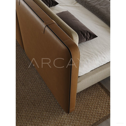 Saddle Leather Linen Wide Headboard Bed - scene
