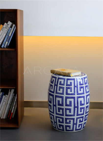 Blue White Fretwork Hand Painted Ceramic Drum Stool - scene