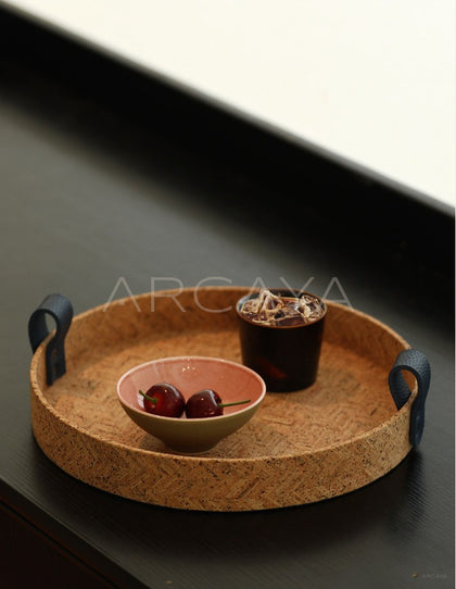 Natural Cork Woven Round Tray With Handle - scene