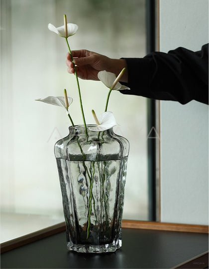 Smoked Grey Ribbed Glass Vase - scene