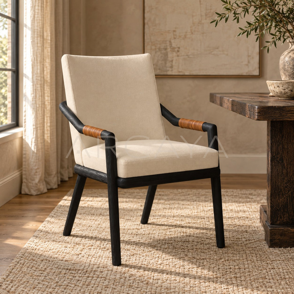 Old Money Oak Dining Chair Woven Leather Arms in detail