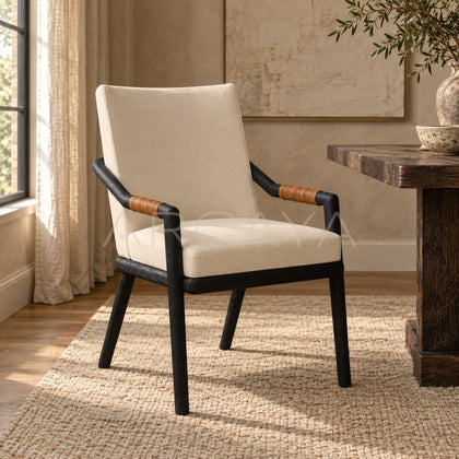 Old Money Oak Dining Chair Woven Leather Arms - scene
