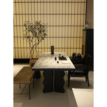 Red Oak Marble Black White Dining Table - scene