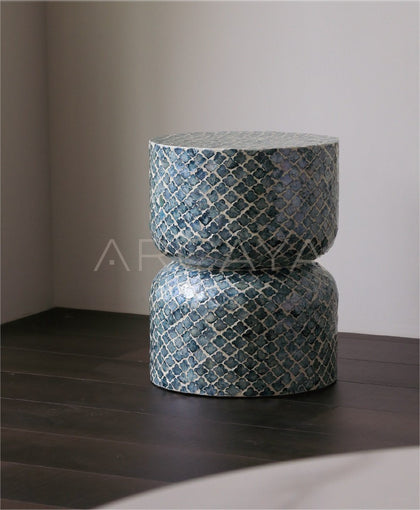 Mid Century Shell Inlay Side Table Stool - scene