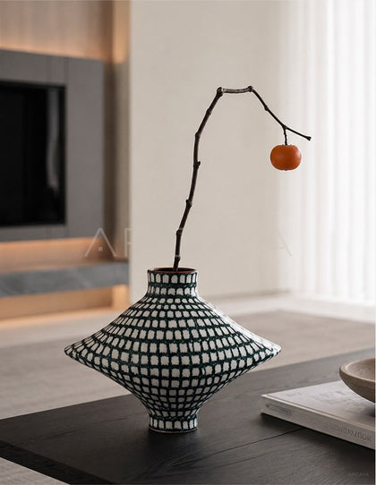 Dadan Dark Green Checkered Ceramic Vase - scene