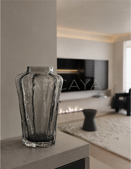 Handmade Ribbed Smoked Glass Vase - scene