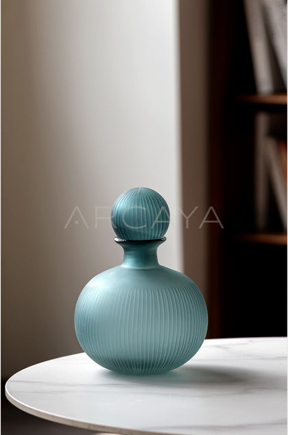 Vintage Mist Blue Ribbed Frosted Glass Vase - scene