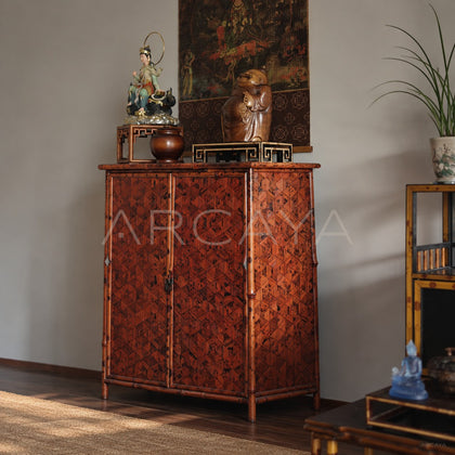 Vermilion Lacquer Marquetry Double Door Tall Cabinet - scene