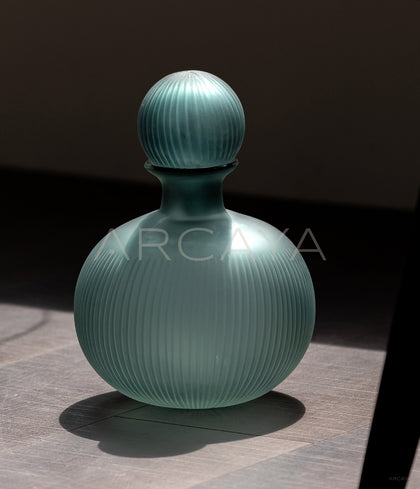 Vintage Mist Blue Ribbed Frosted Glass Vase - scene