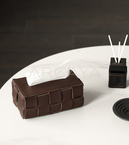 Vintage Brown Handwoven Leather Tissue Box - scene