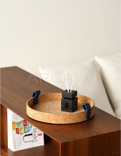 Natural Cork Woven Round Tray With Handle - scene