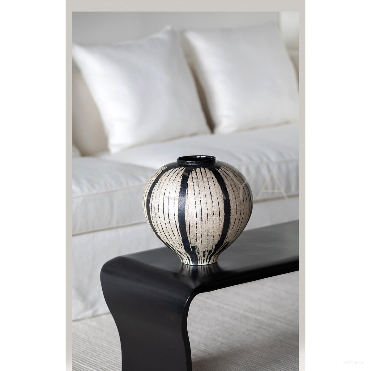 White Line Black Glaze Sphere Vase in detail