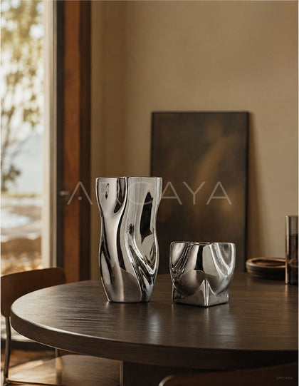 Twisted Pleated Silver Plated Ceramic Vase - scene