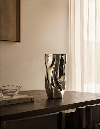 Twisted Pleated Silver Plated Ceramic Vase - scene