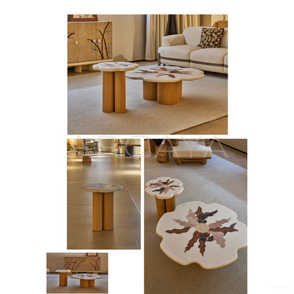 Organic Petal Marble Marquetry Nesting Coffee Table - scene