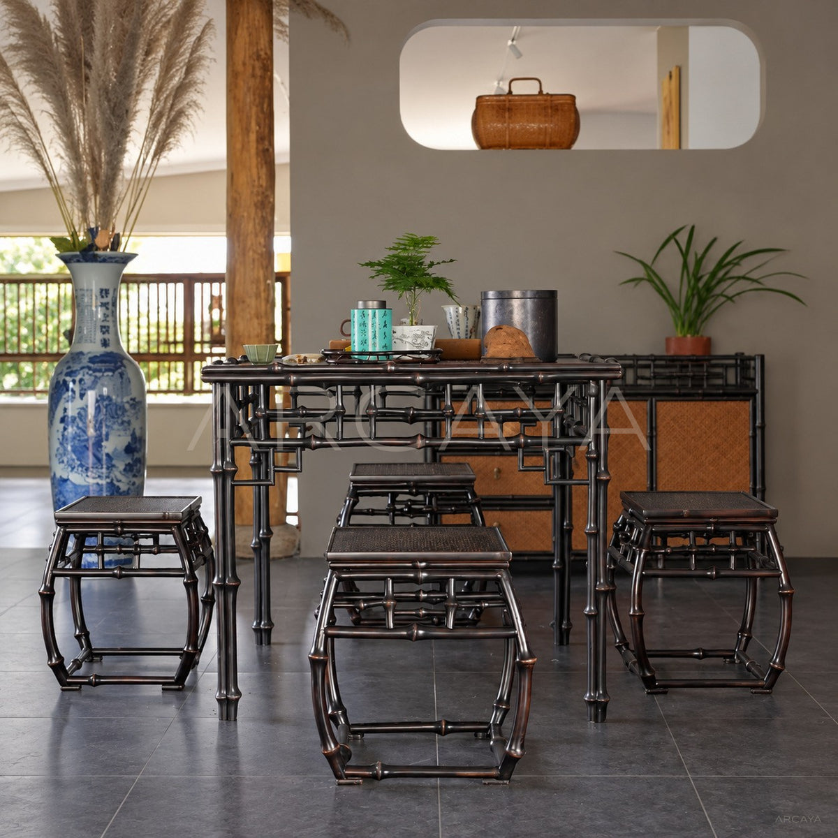 Purple Bamboo Fretwork Square Table in detail