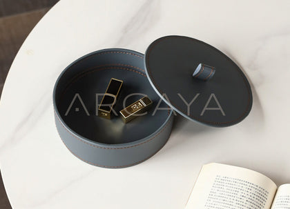 Dark Grey Leather Lidded Storage Jar - scene
