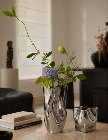 Twisted Pleated Silver Plated Ceramic Vase - scene