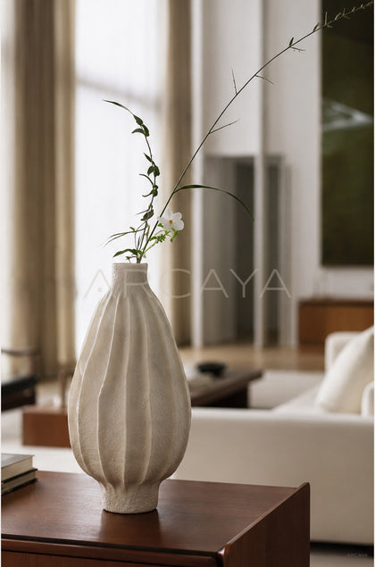 Wabi Sabi Ribbed White Ceramic Vase - scene