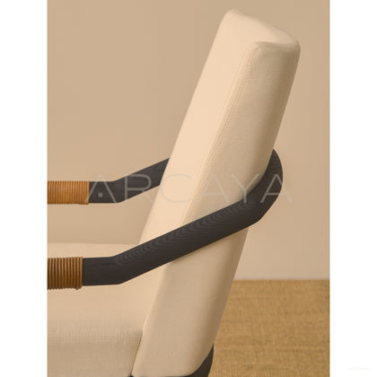 Old Money Oak Dining Chair Woven Leather Arms - scene