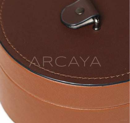 Caramel Brown Leather Round Storage Box - scene