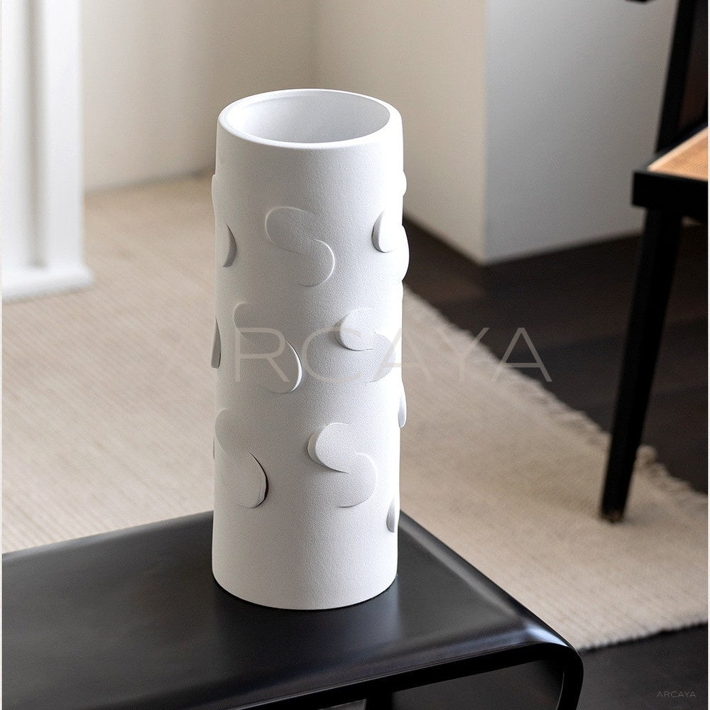 Vintage Black White Relief Cylinder Ceramic Vase - main