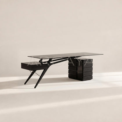 Smoked Wood Wing Frame Glass Multi Drawer Desk - main