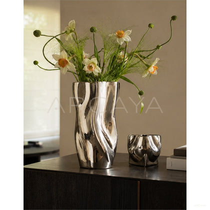 Twisted Pleated Silver Plated Ceramic Vase - scene