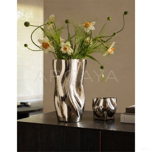 Twisted Pleated Silver Plated Ceramic Vase - scene