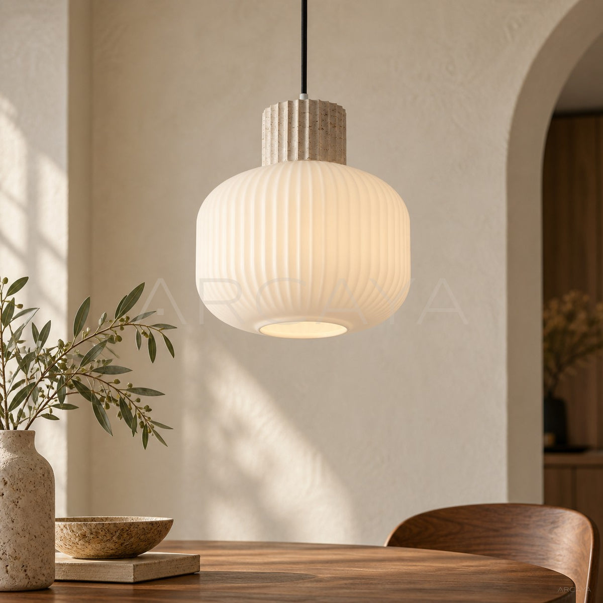 Travertine Ribbed Globe Pendant Light 95191 - main